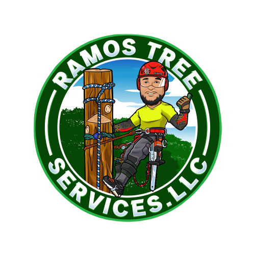 A person with a helmet on and a tree service logo.
